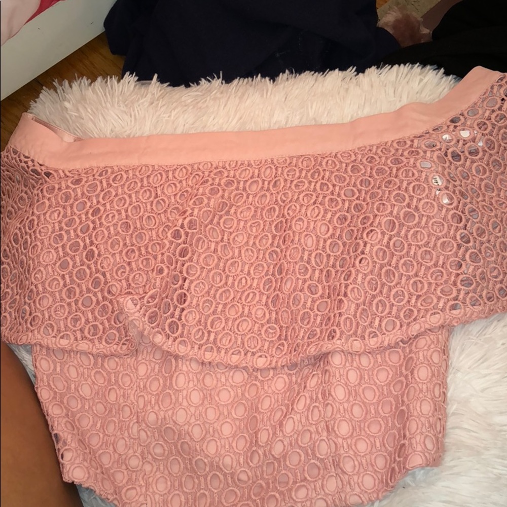 Bardot Ruffle Pink Crop Top - Picture 2 of 2